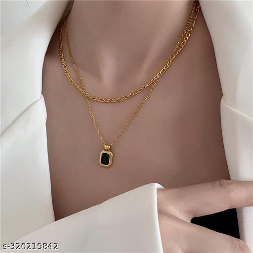 Alloy Dual Layer Black Square Pendant Necklace