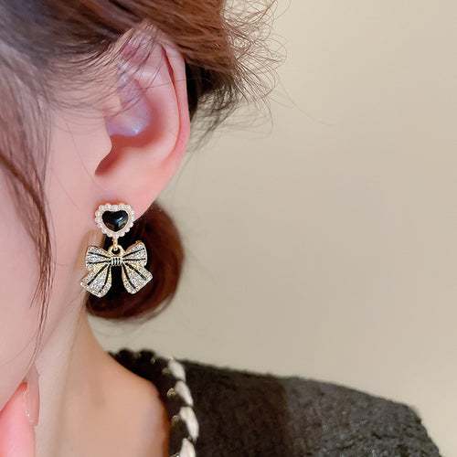 Black Heart Bow Drop Earrings