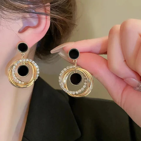 Korean Design Hoop Layered Drop Black Earrings