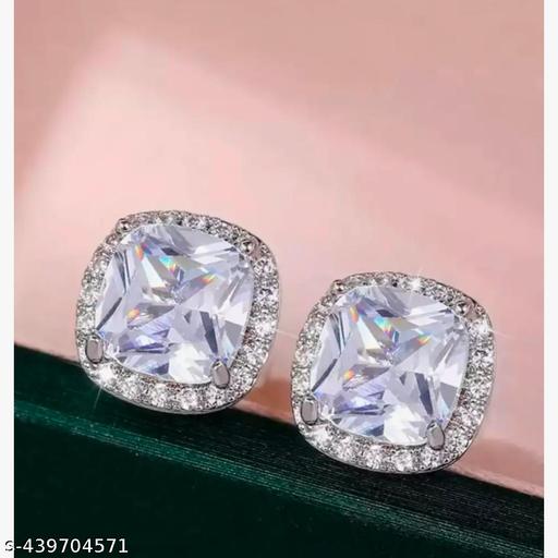 Silver Plated Anti Tarnish American Diamond Studded Silver Square Crushed Ice Cut Stud Earrings