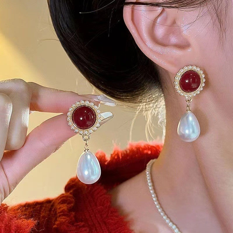 Red Pearl Teardrop Clip-on Earrings for