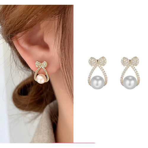 Bow Knot White Pearl Stud Earrings