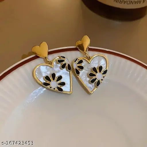 Enamelled Daisy Heart Drop Earrings