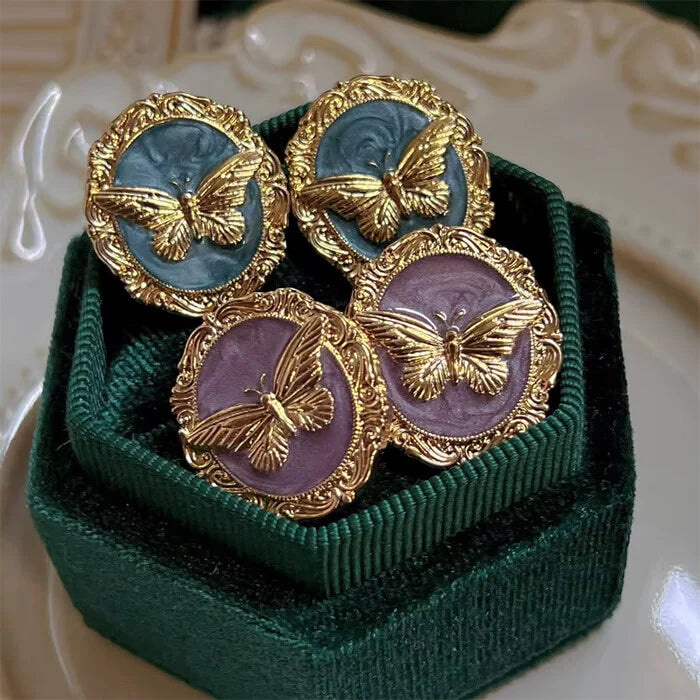 Vintage Retro Gold Butterfly Enamel Stud Earrings