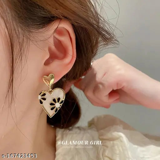 Enamelled Daisy Heart Drop Earrings