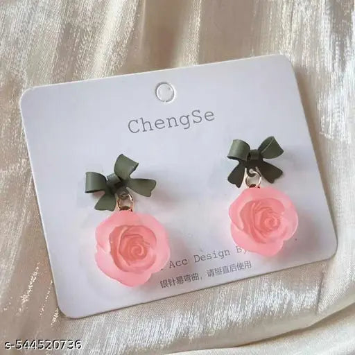 Acrylic Oink Rose Flower & Bow Earrings