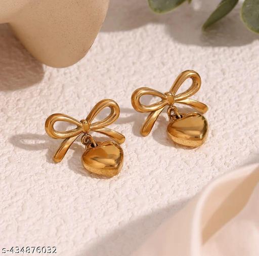 Gold Plated Anti Tarnish BowHeart Themed Earrings