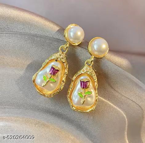 Oil Painting Style Oval Enamel Baroque Pearl Drop Earrings